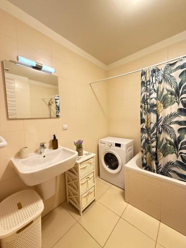 a bathroom with a sink and a washing machine at ThePlaceToBe2 in Brăila