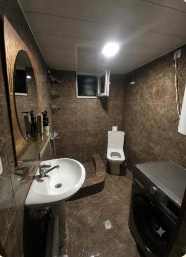 a bathroom with a sink and a toilet at Qristi's Guest House in Kashveti