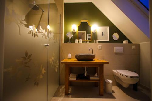 een badkamer met een wastafel en een toilet bij Alwine - Landhaus an den Spreewiesen in Rietz Neuendorf