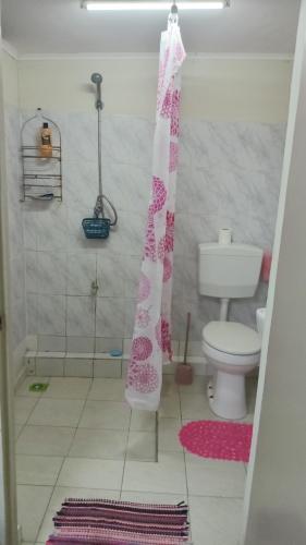 a bathroom with a toilet and a shower curtain at Tiny house in Paramaribo