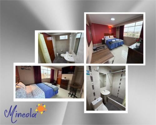 a collage of pictures of a hotel room at Hostal Mineola Huacho in Santa María