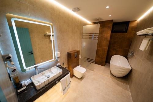 a bathroom with a sink and a toilet and a mirror at Qachaquch Forest in Qusar