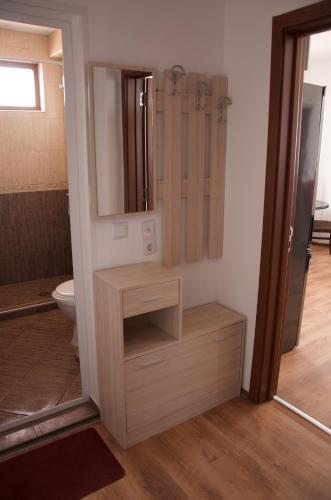 a bathroom with a toilet and a sink and a mirror at Villa Maria in Tsarevo