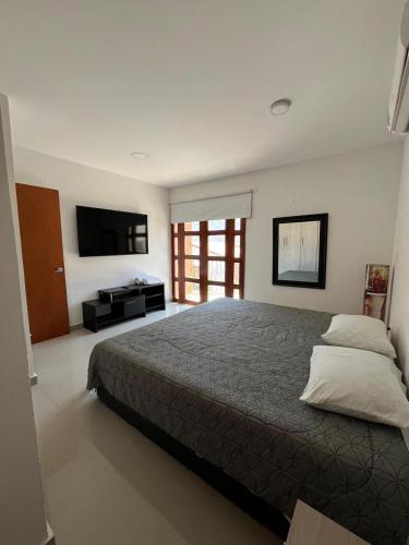a bedroom with a large bed and a television at Casa blue in Rodadero
