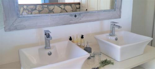a bathroom with a white sink and a mirror at Kleinzee Oceanfront Guesthouse in Gansbaai