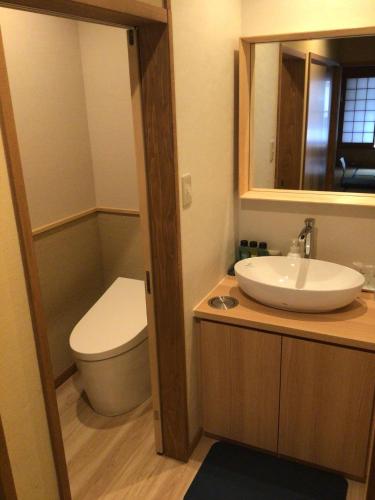 a bathroom with a sink and a toilet and a mirror at Kutsurogi no yado Kiunsoh in Oda