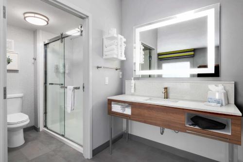 a bathroom with a sink and a shower and a mirror at Hampton Inn & Suites Houston Rosenberg in Rosenberg