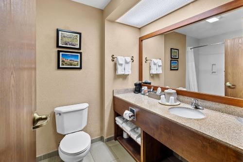 a bathroom with a toilet and a sink with a mirror at Comfort Inn Benson near Kartchner Caverns in Benson