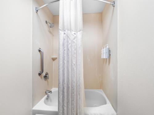 a bathroom with a shower curtain and a sink at Spark By Hilton Ann Arbor South in Ann Arbor
