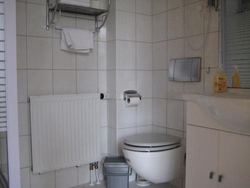 a white bathroom with a toilet and a sink at Hotel Gesellschaftshaus in Bergen auf Rügen