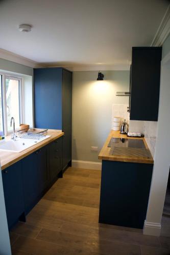 a kitchen with blue cabinets and a sink at Badgers Bolt in Avington