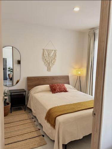 a bedroom with a large bed and a mirror at Villadhara Centro GDL in Guadalajara