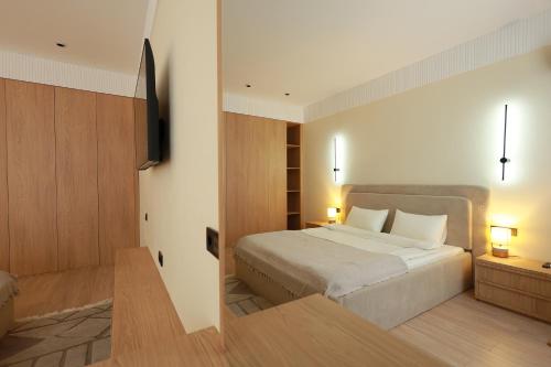 a hotel room with a bed and a television at PANA Apartments in Nukus