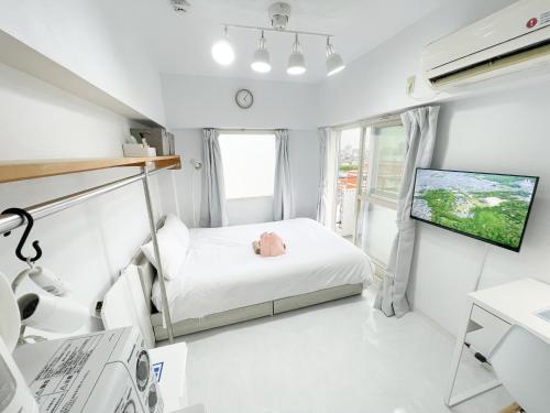 a small bedroom with a bed and a flat screen tv at Kameari 911 - 9F Newly Renovated Corner Room High Floor Near Station Mall Disney Access in Tokyo