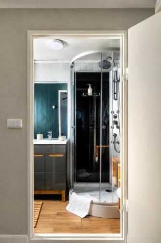 a bathroom with a shower and a sink at Tiny House Valea Avrigului in Avrig