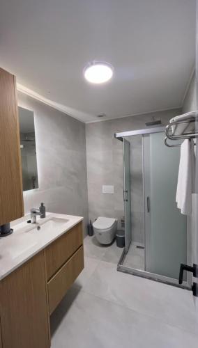a bathroom with a toilet and a sink and a shower at Royal Palm Residence in Bodrum City
