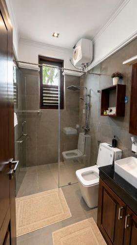 a bathroom with a shower and a toilet and a sink at Dhanora Dynasty Resort in Anuradhapura