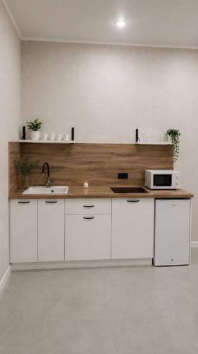a kitchen with a counter with a sink and a microwave at Алпамыс - В пешей доступности Центральный парк, ЦУМ, ТРЦ MART in Kostanay