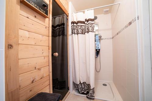 a bathroom with a shower curtain and a toilet at L'Horizon des Chênes - grand jardin, bbq & table de ping pong in Hagetmau