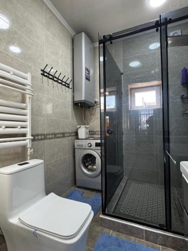 a bathroom with a toilet and a glass shower at Sabi Guest House in Bokonbayevo