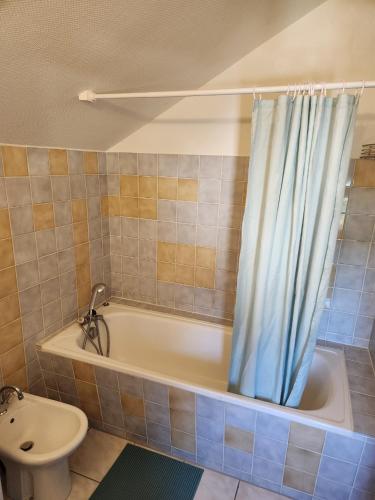 a bathroom with a tub and a toilet and a shower curtain at L'Escapade de Zillis in Zillisheim