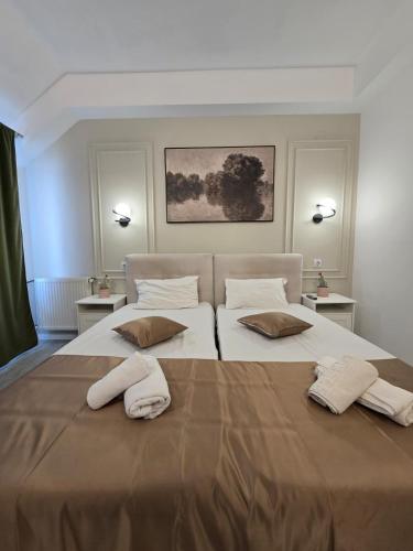 two beds in a bedroom with two towels on them at Hotel Sucidava in Corabia