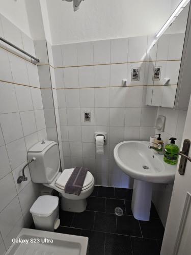 a small bathroom with a toilet and a sink at PELION HORIZON houses in Agios Ioannis Pelio