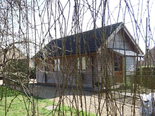 a small house is seen through the branches of trees at Kenilworth Garden Accomodation in Wisbech