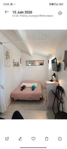 a small bedroom with a bed and a desk at La cabane provençale in Chamaret