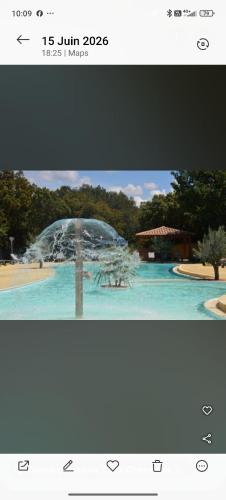 two pictures of a fountain in a park at La cabane provençale in Chamaret
