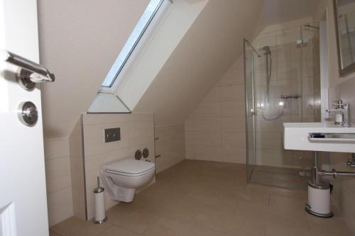 a bathroom with a toilet and a shower and a sink at Kiek-Ut-OG-mit-Studio-Nr-3 in Haby