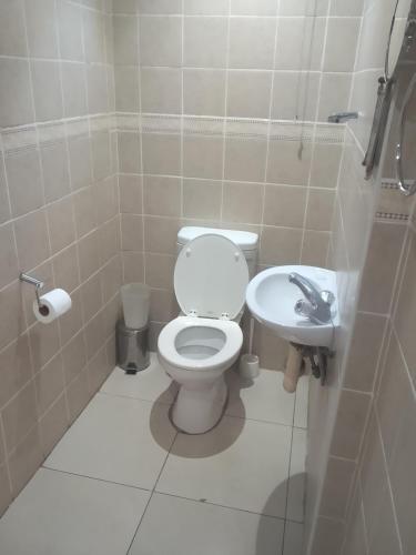 a bathroom with a toilet and a sink at Laletsa Lodge in Durban