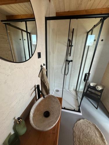 a bathroom with a sink and a shower at Tiny house Pálava in Bořetice
