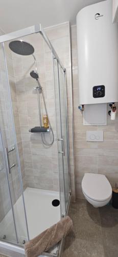 a bathroom with a shower and a toilet at L'escalade Lyon Aéroport in Janneyrias