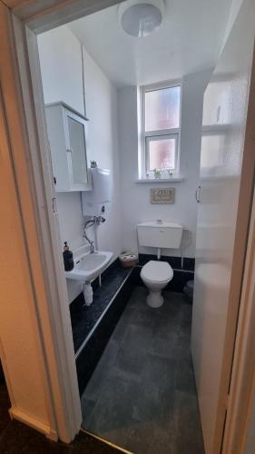 a bathroom with a white toilet and a sink at Boho Bliss in Swansea