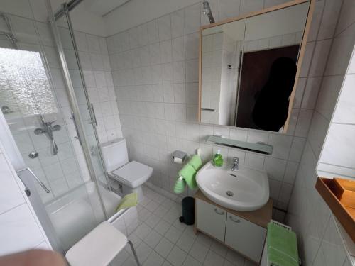 a bathroom with a sink and a toilet and a shower at Haus Kiel Wohnung Wolfswarte in Altenau