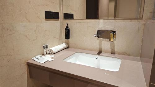 a bathroom with a white sink and a mirror at Bhola Resort in Soraon