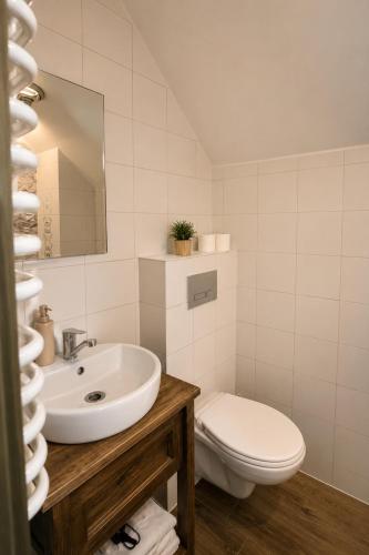 a white bathroom with a sink and a toilet at Danielówka in Ciemiętniki