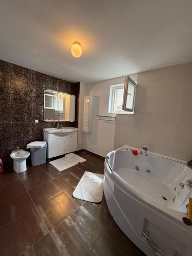 a bathroom with a tub and a toilet and a sink at Harmony House Vera Lux in Dragomireşti
