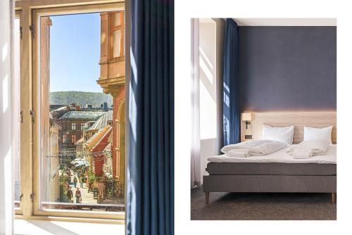 ein Schlafzimmer mit Bett und Blick auf eine Stadt in der Unterkunft NEW JULY 2026! BREEZE Bergen City - Self Service in Bergen