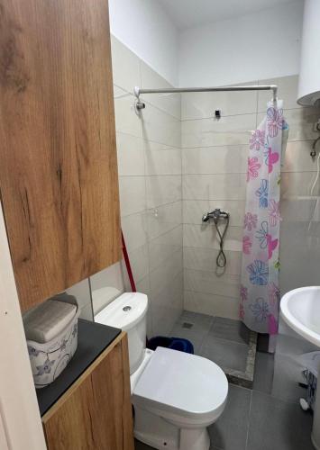 a bathroom with a toilet and a sink at Amelia's house in Shëngjin