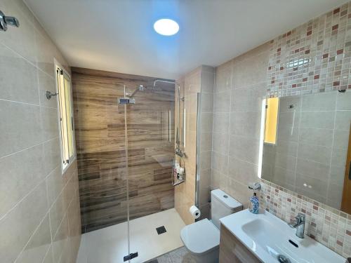 a bathroom with a shower and a toilet and a sink at Casa Pera Ático duplex 1ª in Chilches