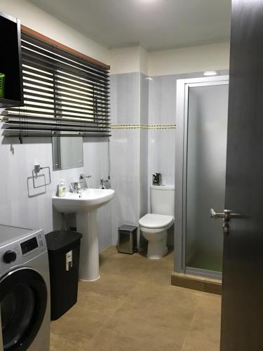a bathroom with a toilet sink and a washing machine at Flower Garden Self-Catering Apartments in Beau Vallon