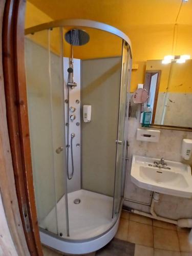 a bathroom with a shower and a sink at Auberge du Belvédère in Séez