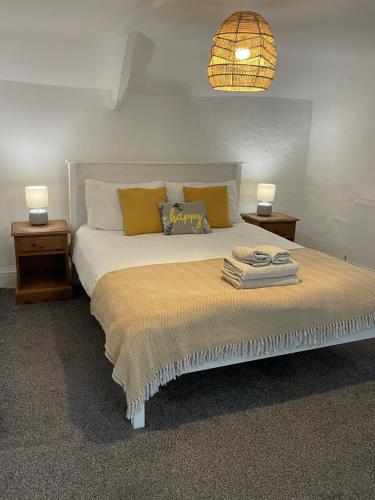a bedroom with a bed with two night stands and two lamps at Bryndegwel in Saint Dogmaels, cardigan- river views, Free parking in Cardigan