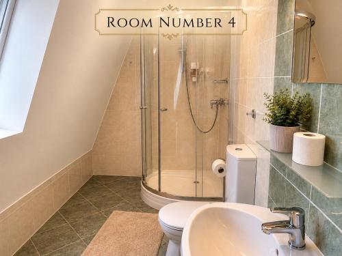 a bathroom with a shower and a toilet and a sink at Castle Park Suites in Hermina-major