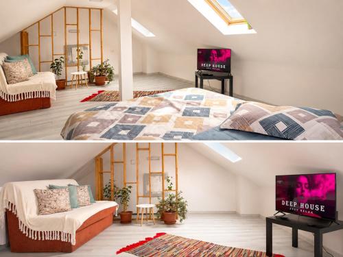 a bedroom with a bed and a tv in it at Alex88 in Buşteni
