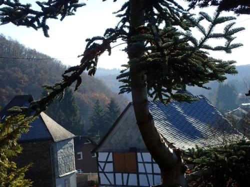 a building with a tree in front of a mountain at vakantiehuis Hunsrück in Leisel