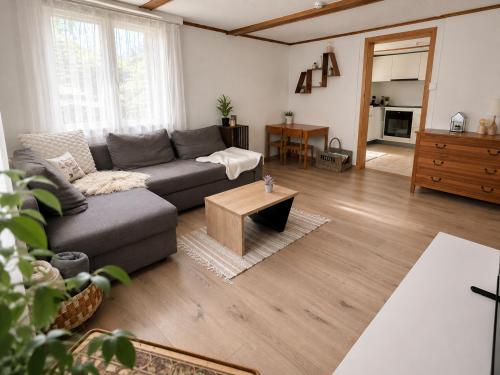 a living room with a couch and a table at Gackernästli Emmental in Bärau