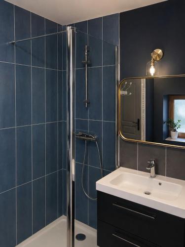 a bathroom with a shower and a sink and a mirror at Le cottage à la glycine - Maison de charme au cœur des gorges de la Loire in Chambles